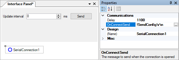 Interface panel setup for sending a command on connect